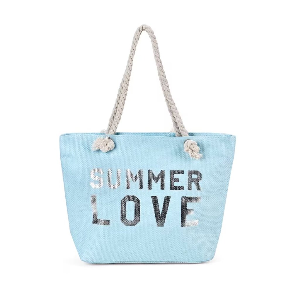 Light Blue Tote Bag with White Rope Handle and with "SUMMER LOVE" Printed